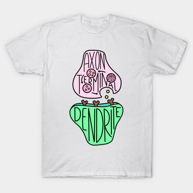 Hand Drawn Labeled Cute Neuron Synapse T-Shirt by Sofia Sava